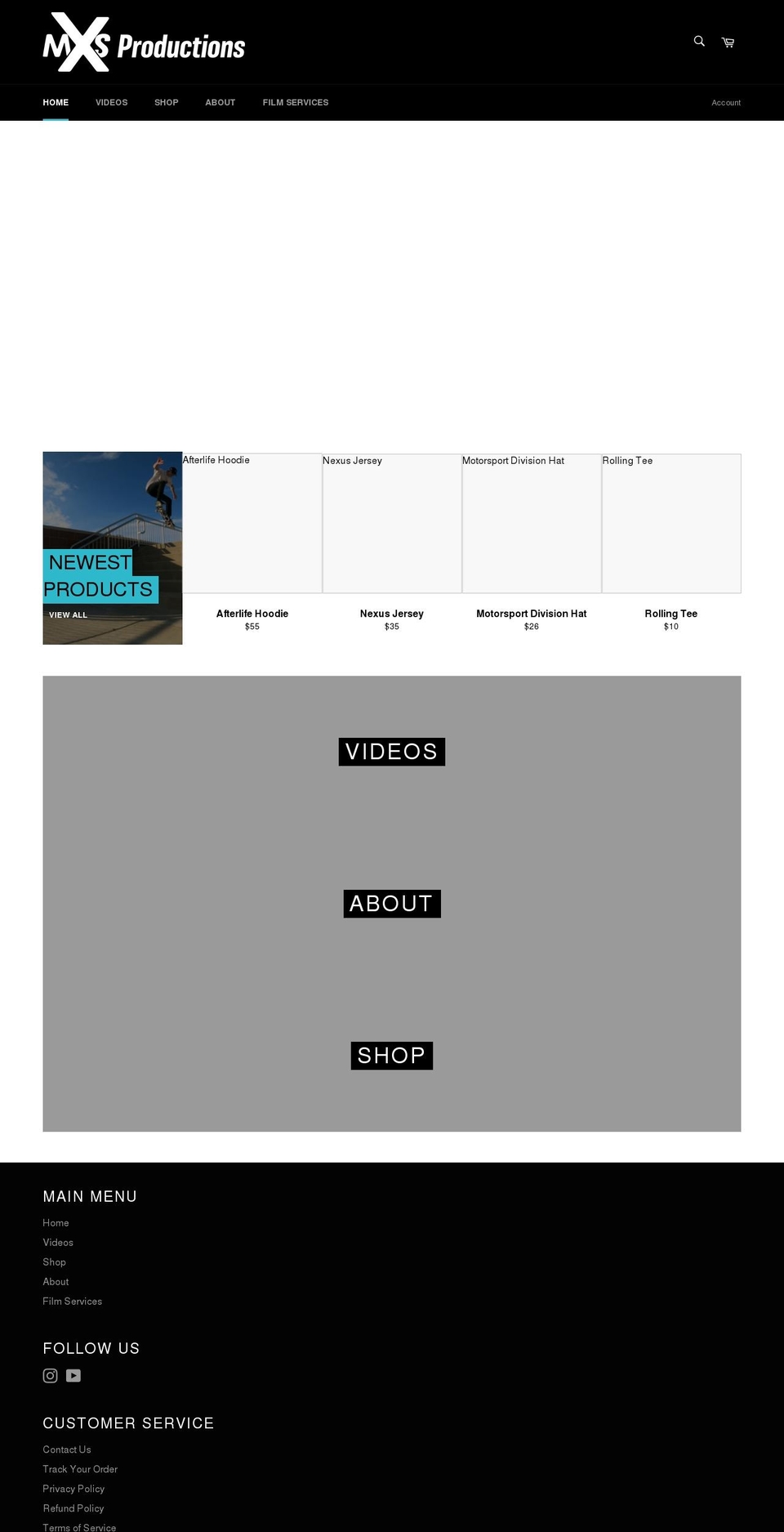 mxsproductions.com shopify website screenshot