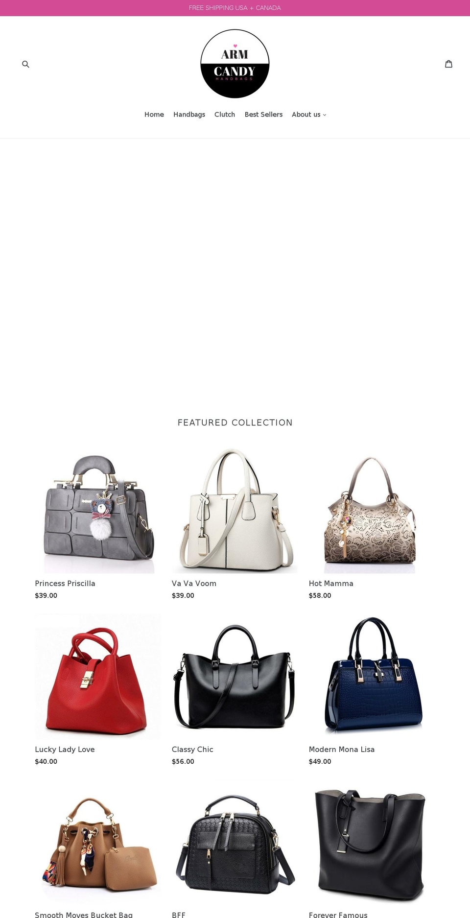 myarmcandyhandbags.com — Shopify storefront screenshot
