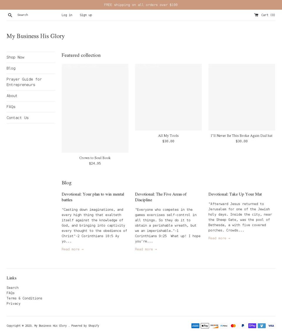 mybusinesshisglory.com shopify website screenshot
