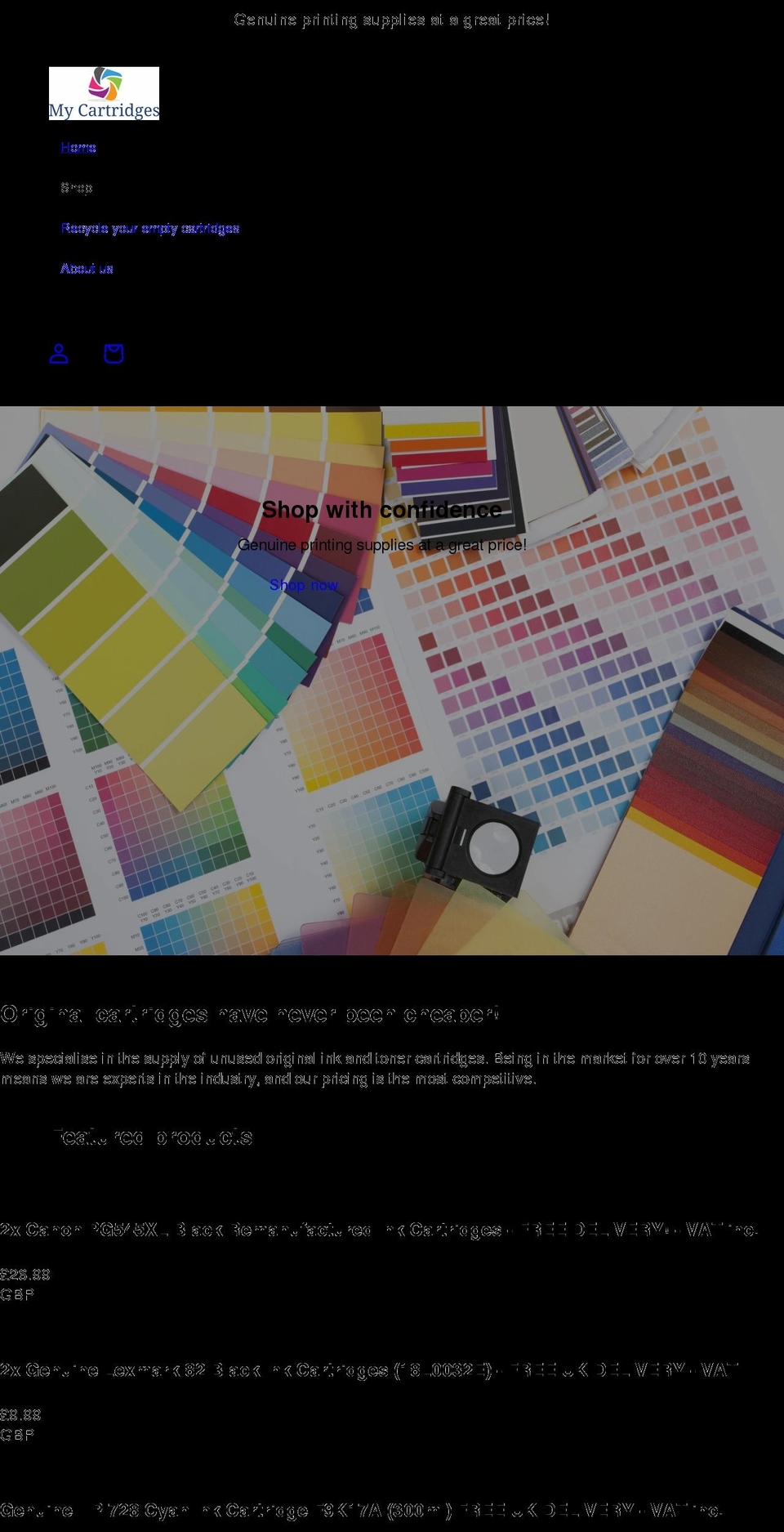 mycartridges.co.uk shopify website screenshot