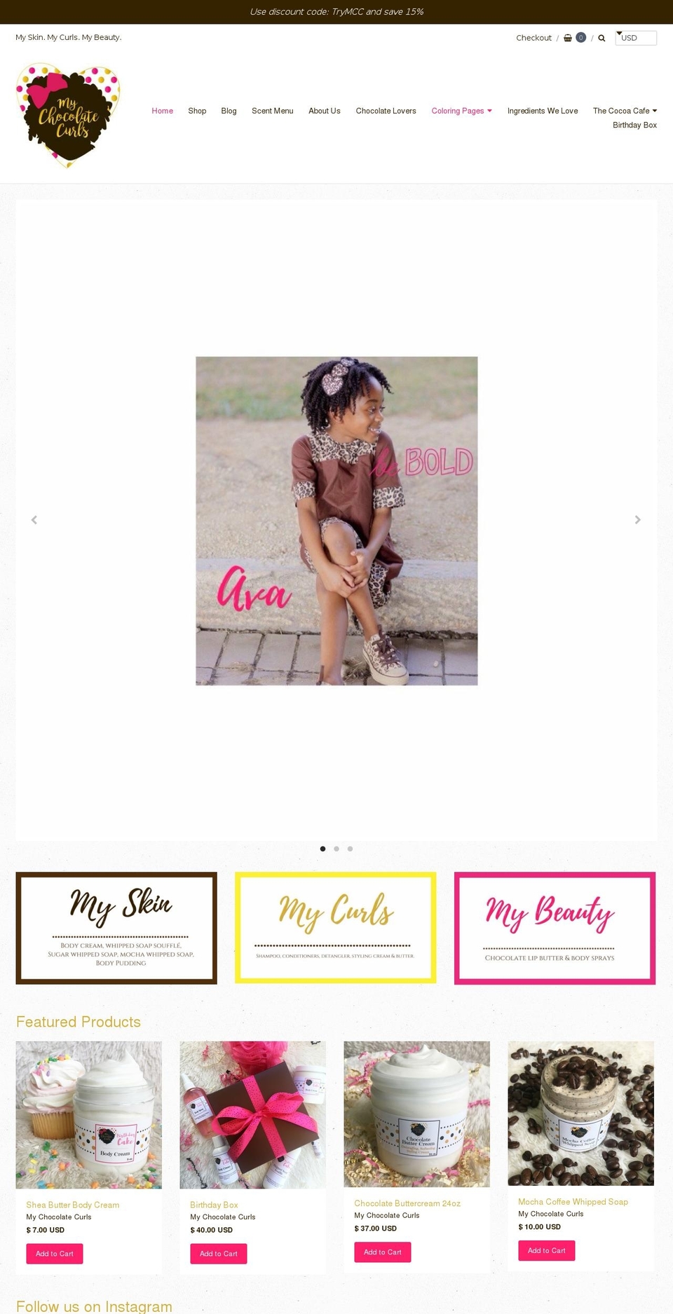 mychocolatecurls.com shopify website screenshot