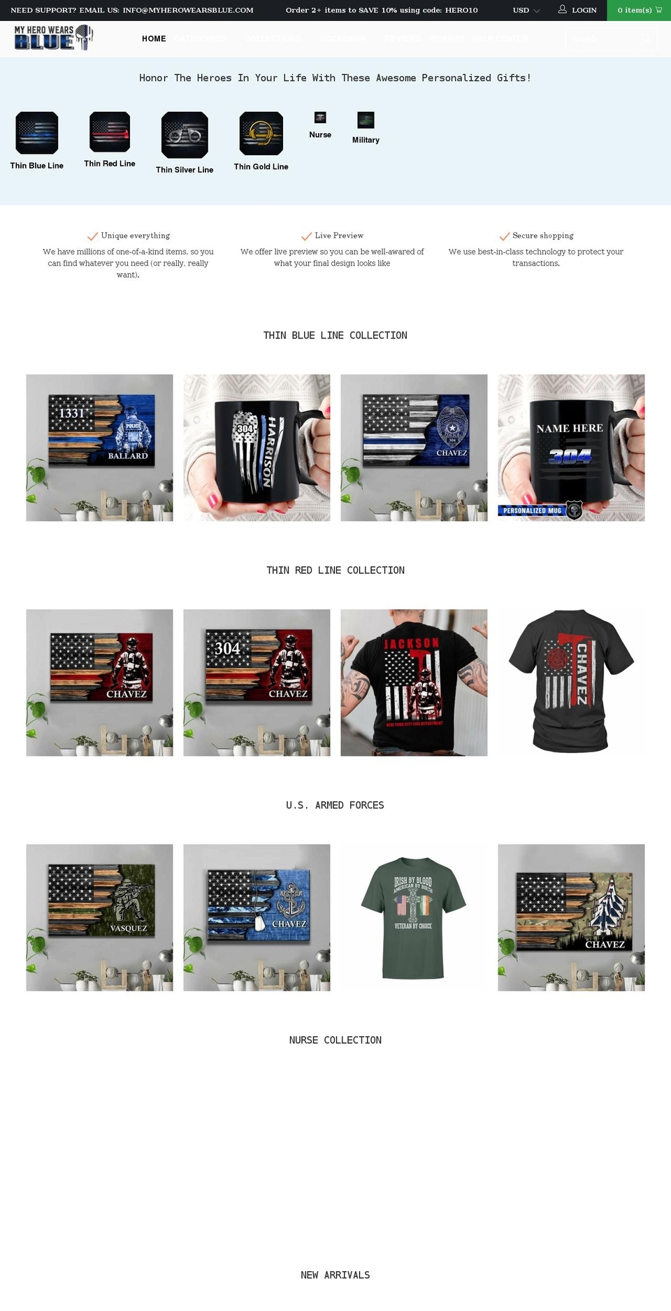 myherowearsblue.com shopify website screenshot