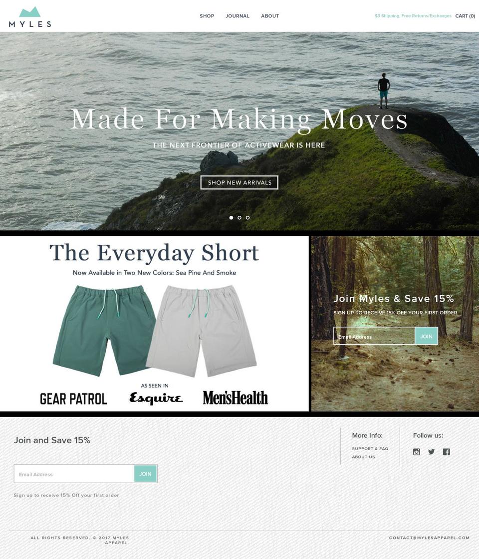 EVA Shopify theme site example mylesapparel.com