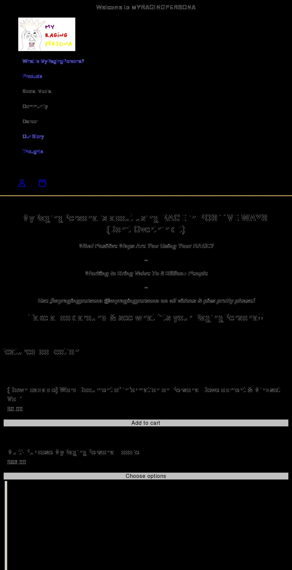 myragingpersona.com — Shopify storefront screenshot
