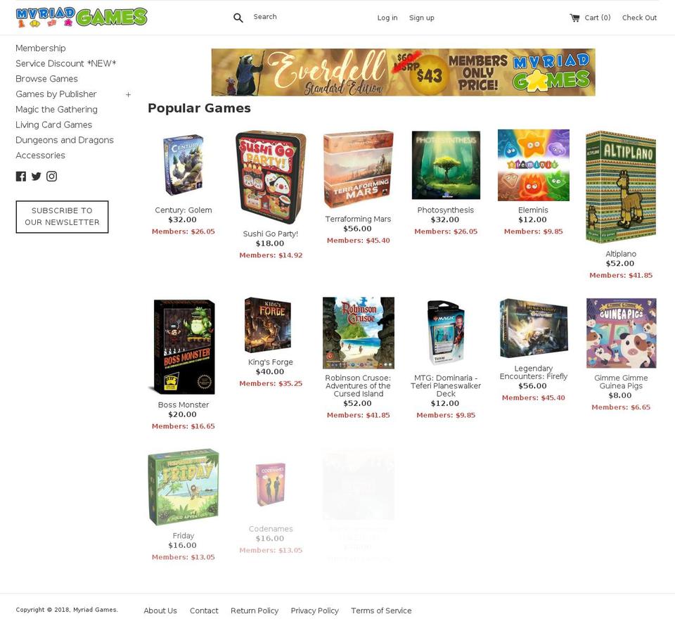 myriadgames.com — Shopify storefront screenshot