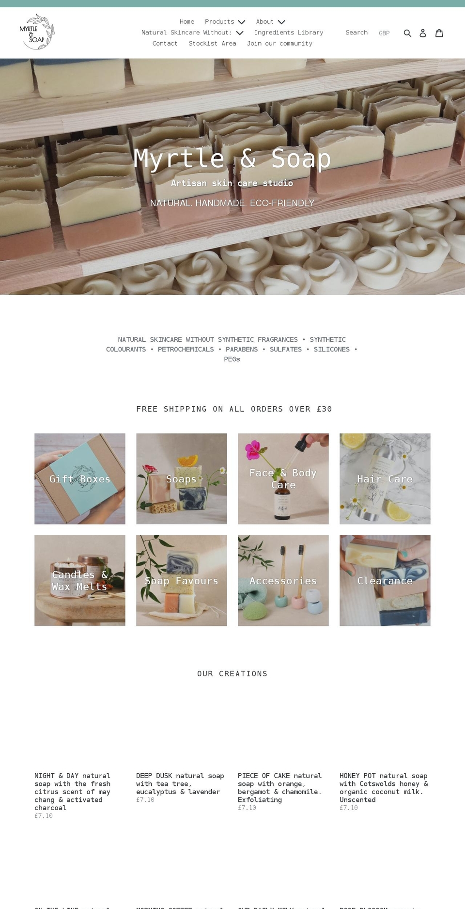 myrtleandsoap.co.uk shopify website screenshot