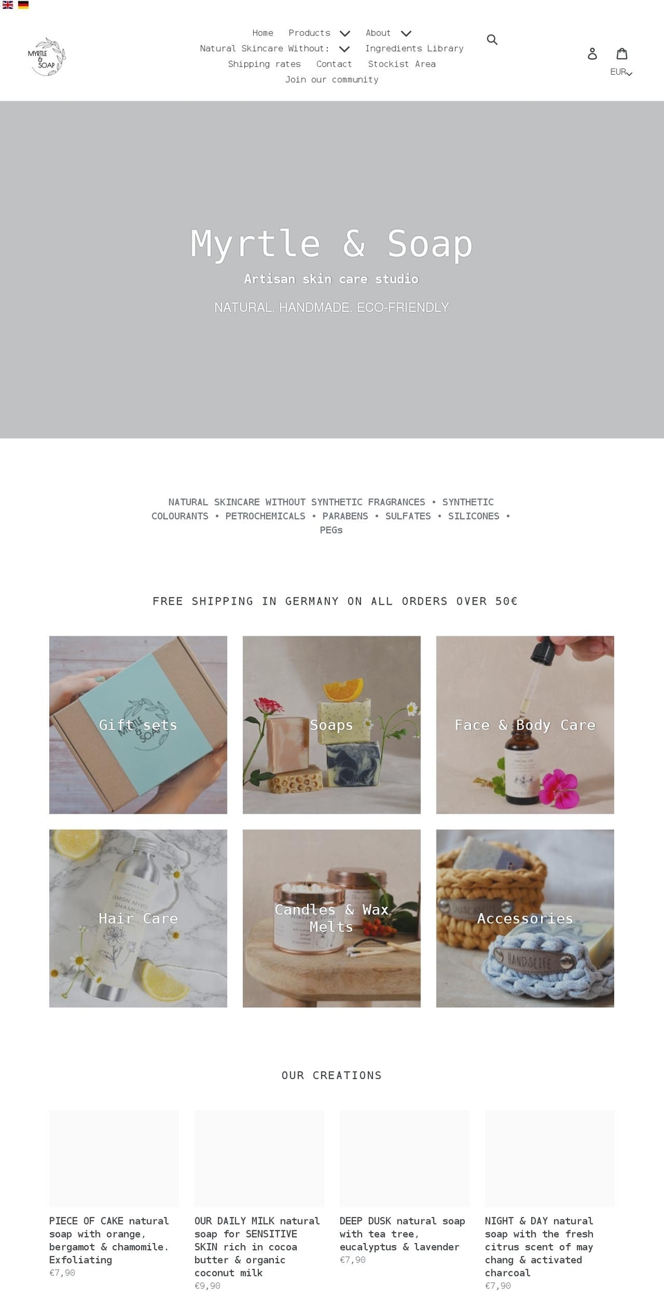 myrtleandsoap.de shopify website screenshot