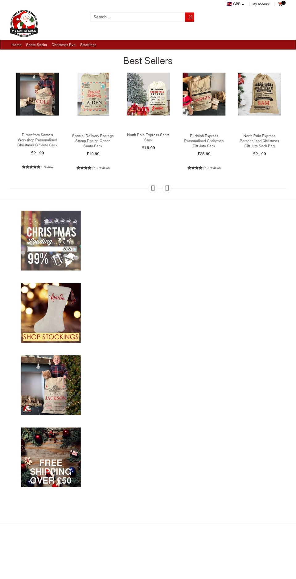 mysantasack.co.uk shopify website screenshot