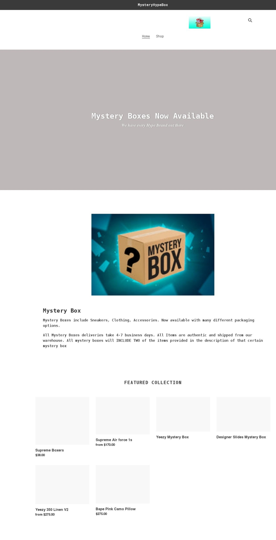 mysteryhypeboxes.shop shopify website screenshot