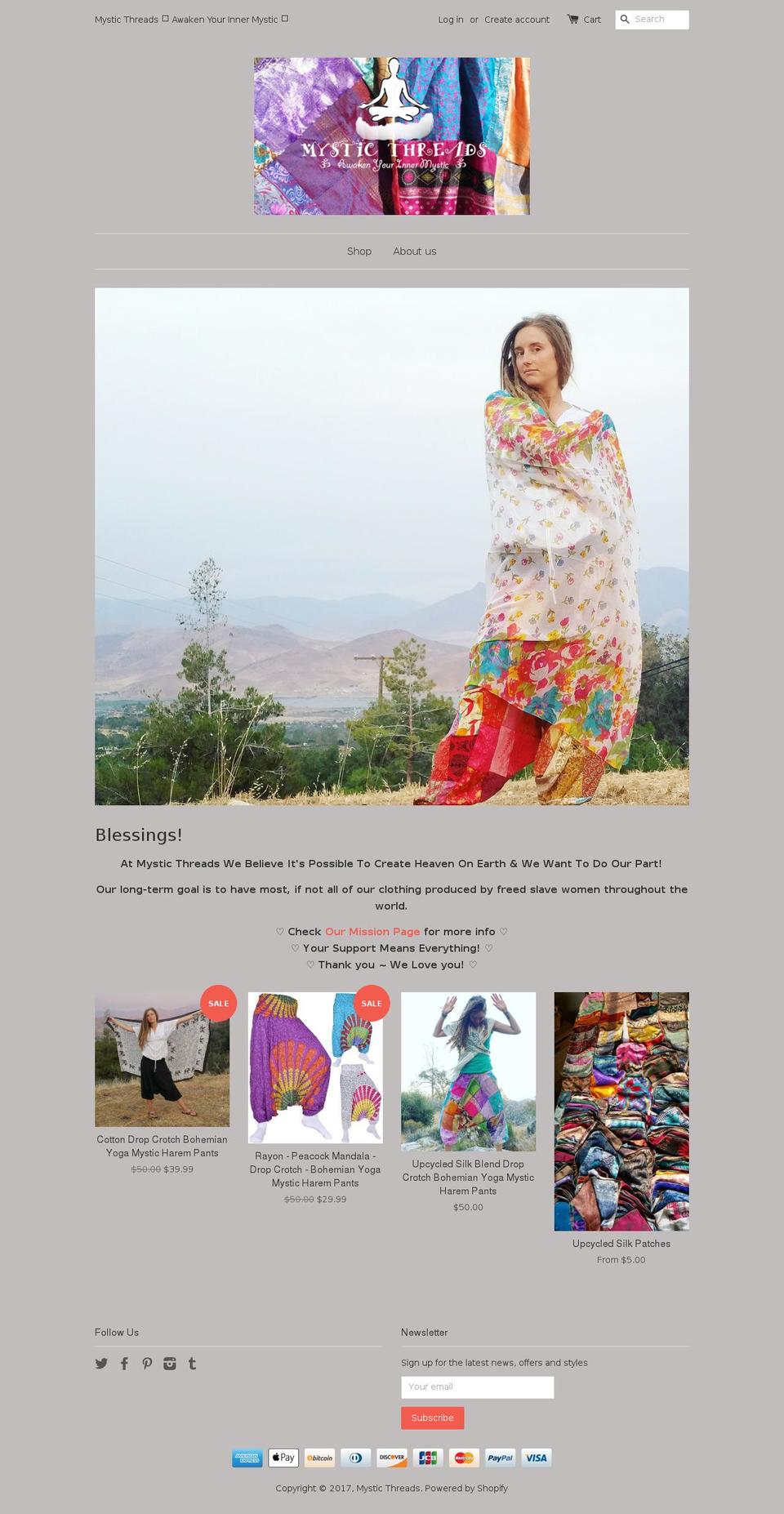 mystic-threads.com shopify website screenshot