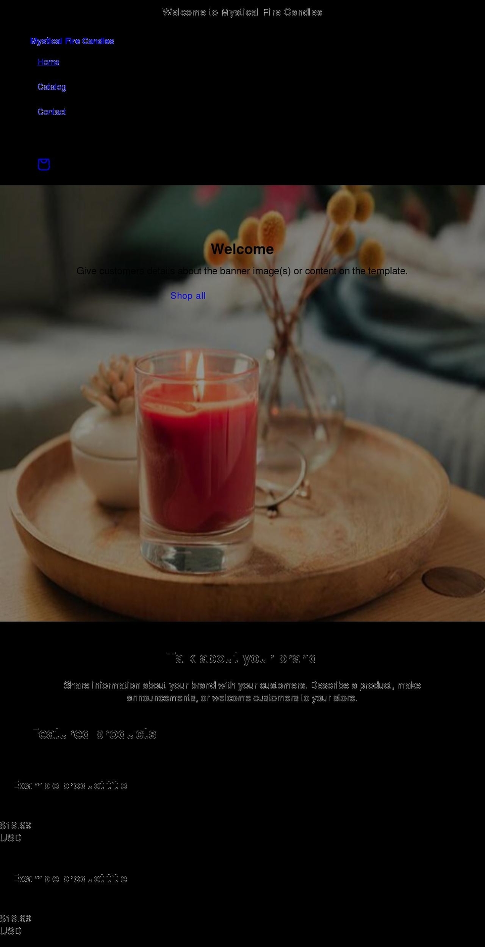 mysticalfirecandles.com shopify website screenshot