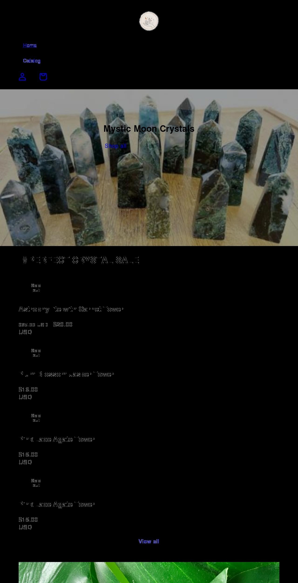 mysticmooncrystals.com shopify website screenshot