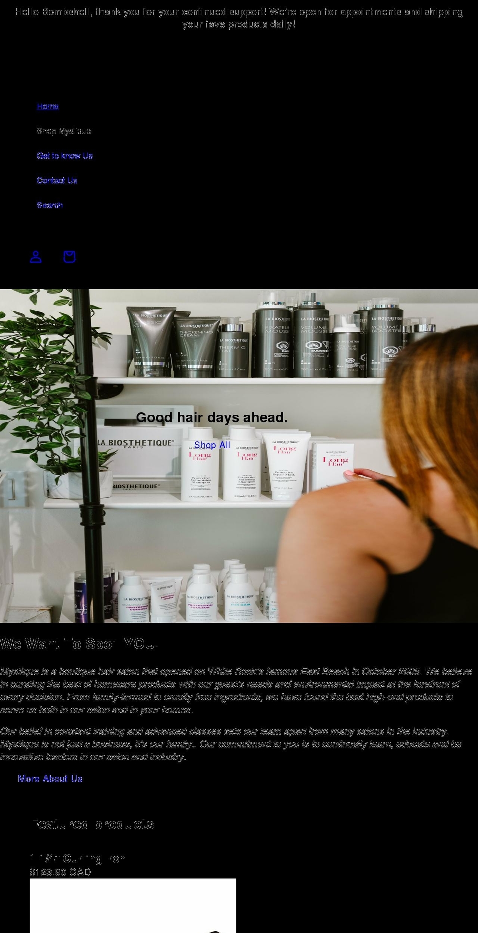 mystiquehairdesign.ca shopify website screenshot