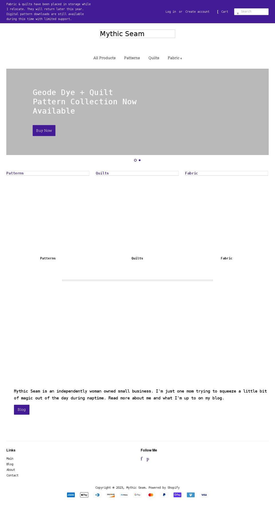 mythic-seam.myshopify.com shopify website screenshot