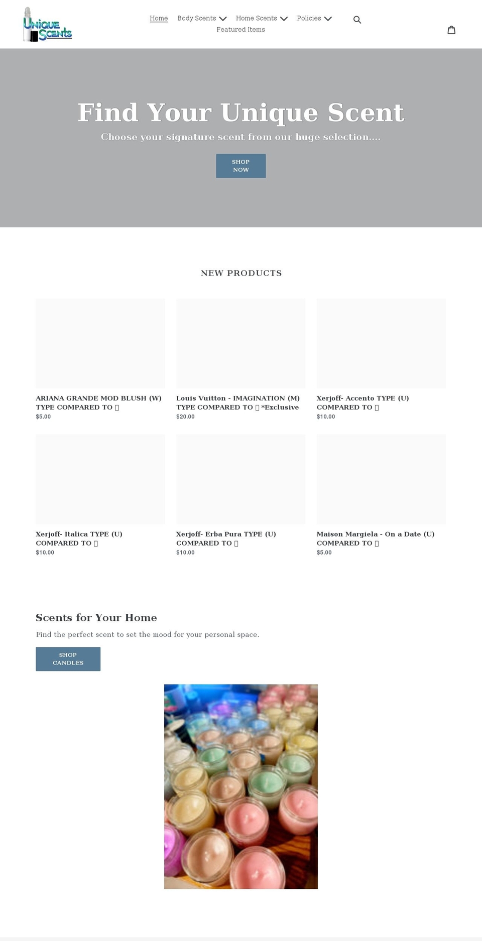 myuniquescents.com shopify website screenshot