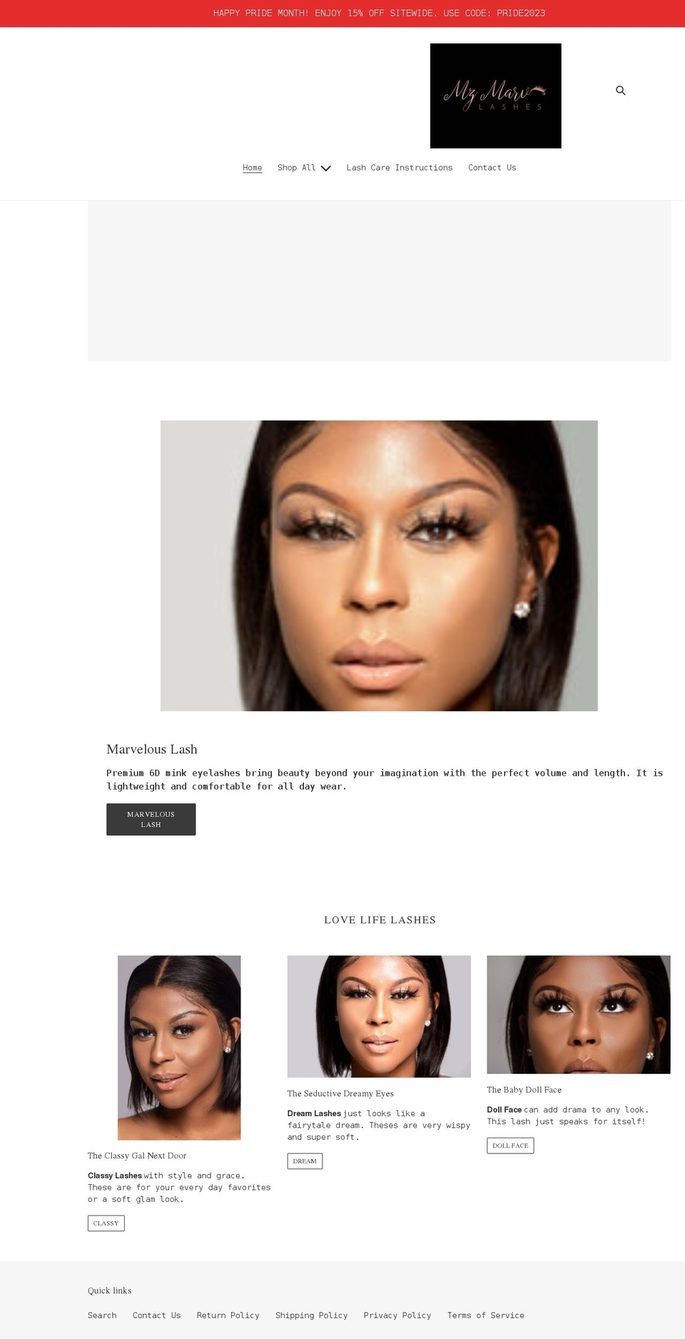 mzmarvlashes.com shopify website screenshot