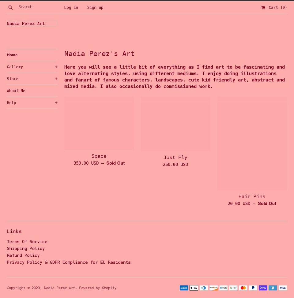nadiaperezart.com shopify website screenshot