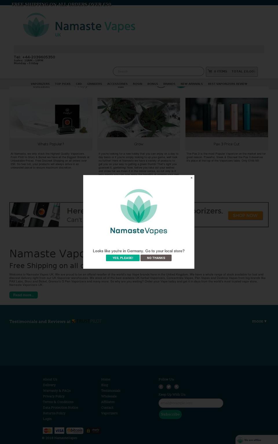 namastevapes.co.uk shopify website screenshot