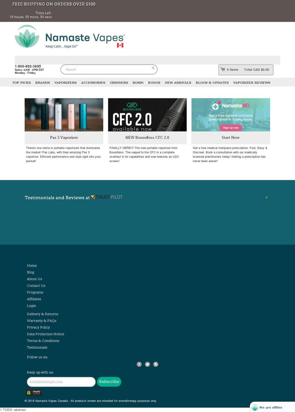 namastevapescanada.com — Shopify storefront screenshot