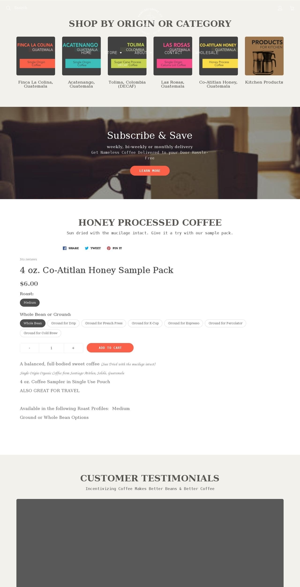 namelesscoffee.co shopify website screenshot