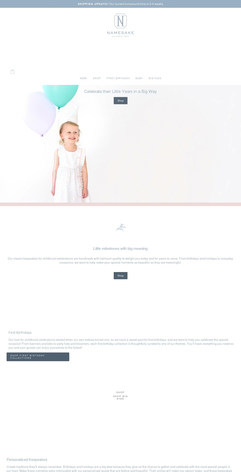 namesakecelebrations.com shopify website screenshot