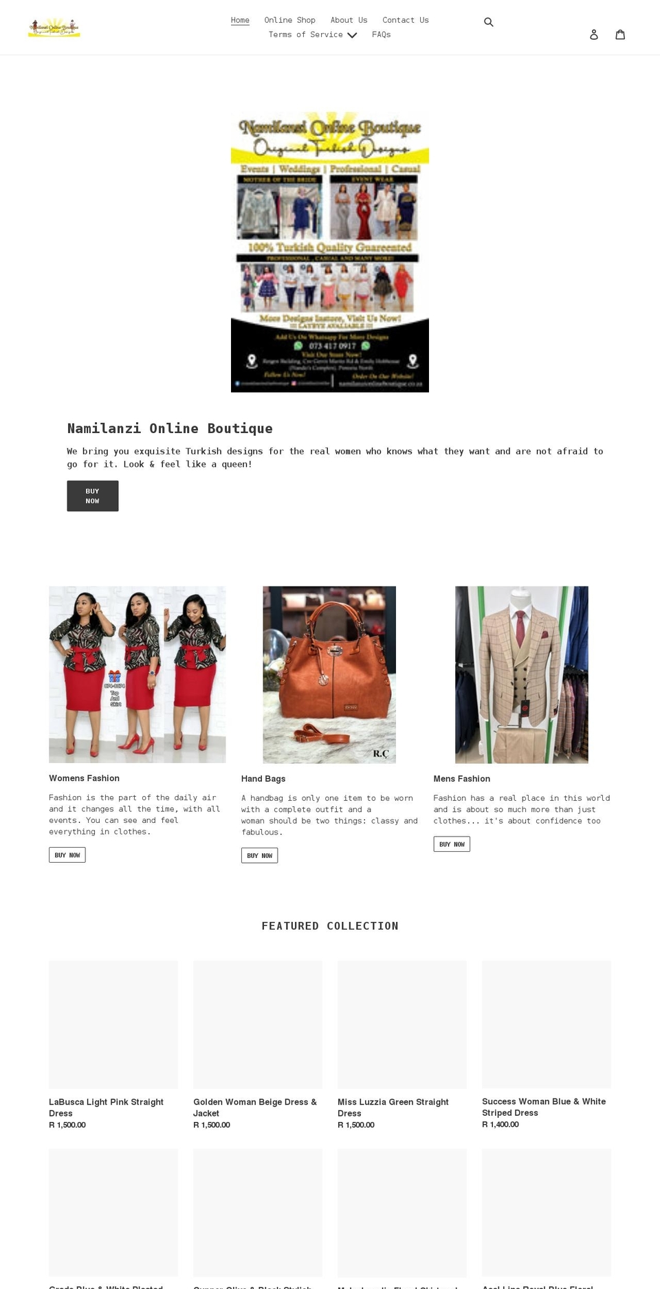 namilanzionlineboutique.co.za shopify website screenshot