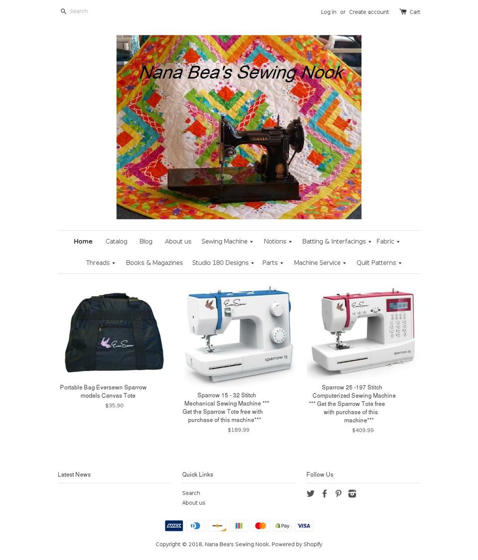 nanabeassewingnook.com shopify website screenshot