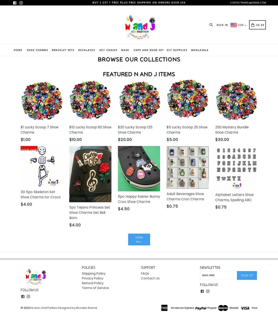 nandjkidparties.com shopify website screenshot