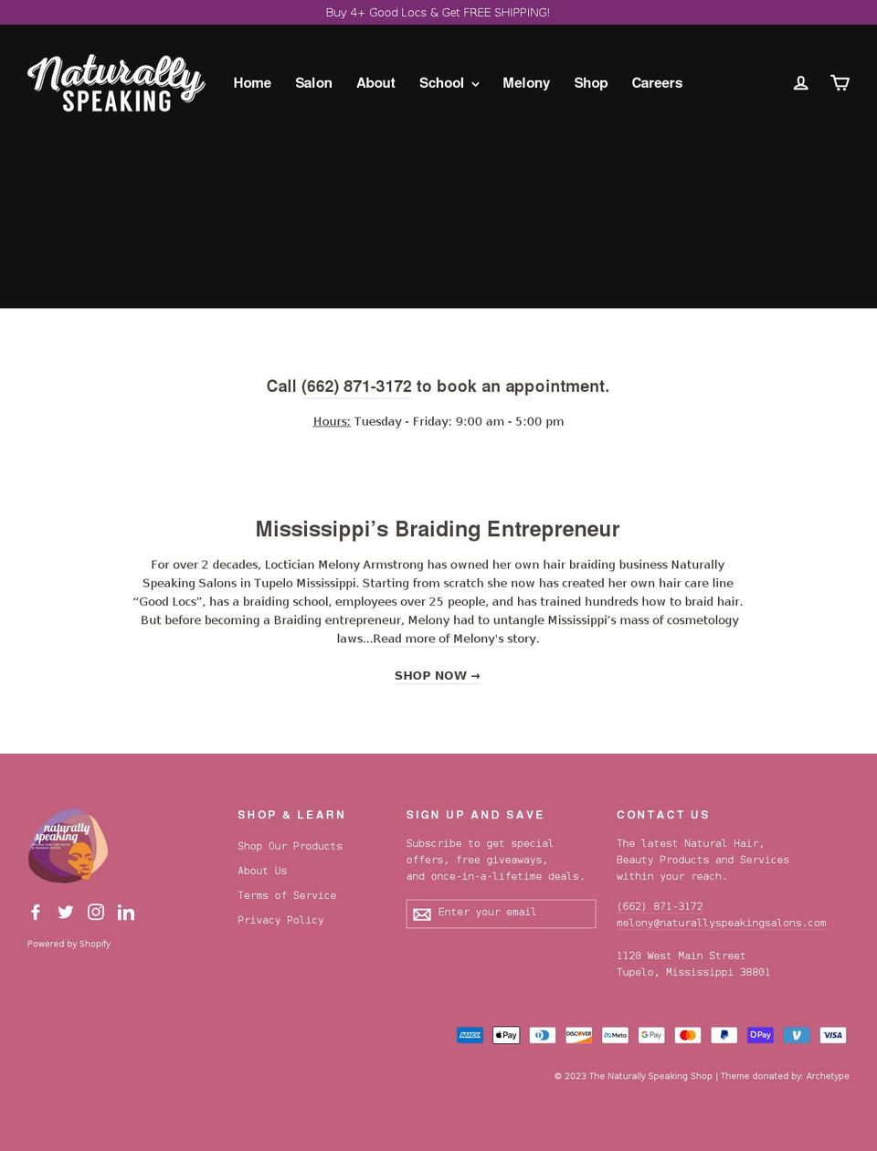 naturallyspeakingsalons.com shopify website screenshot