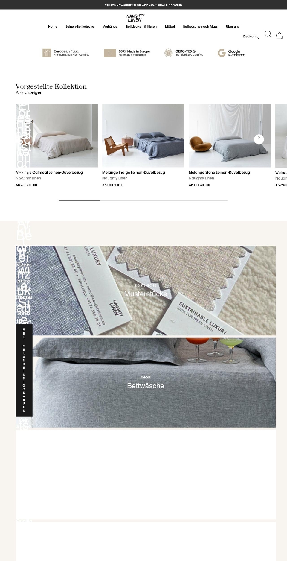 naughtylinen.ch shopify website screenshot