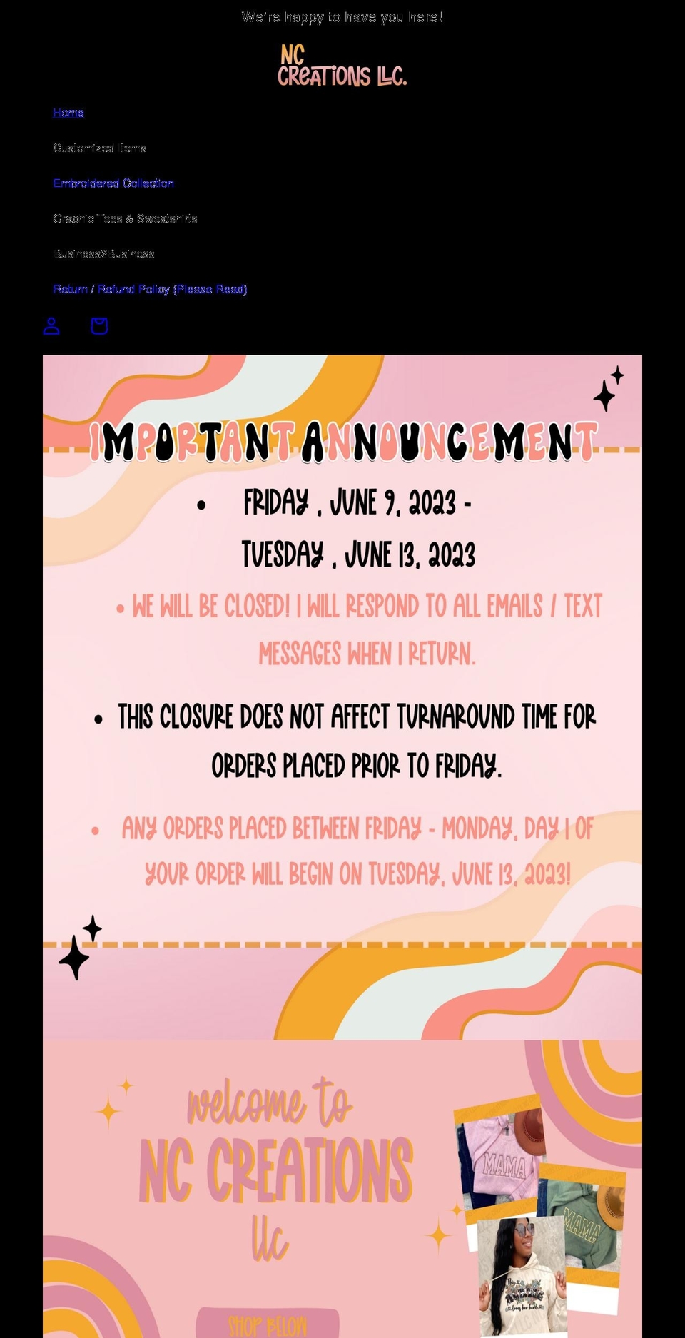 nccreationsllc.com shopify website screenshot