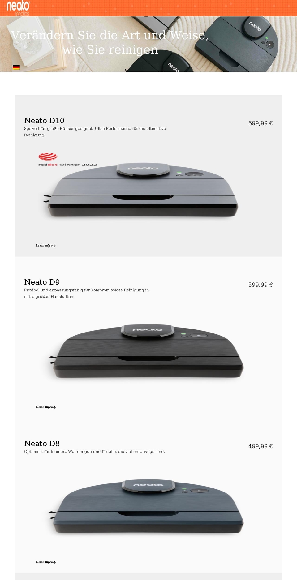 Neato Emea - Landing pages Shopify theme site example neatorobotics.de