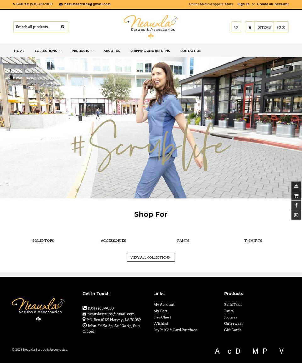neauxlascrubs.com shopify website screenshot