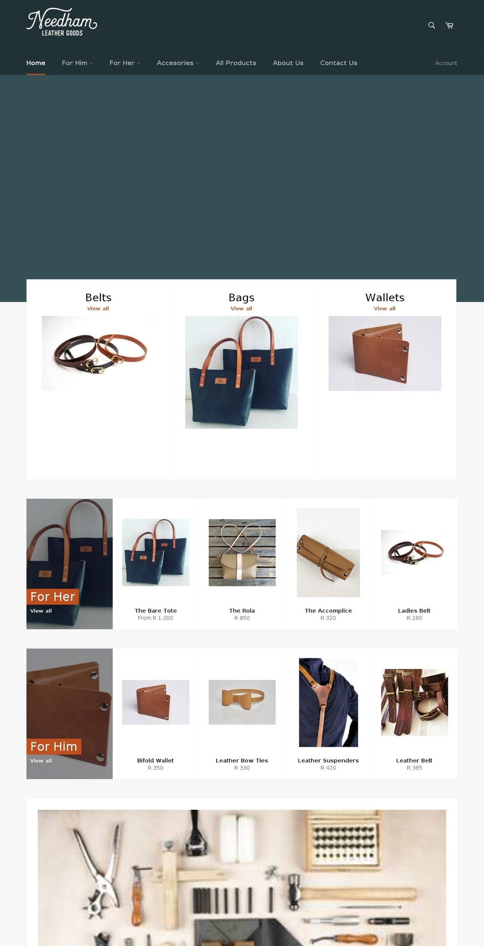 needhamleather.co.za shopify website screenshot