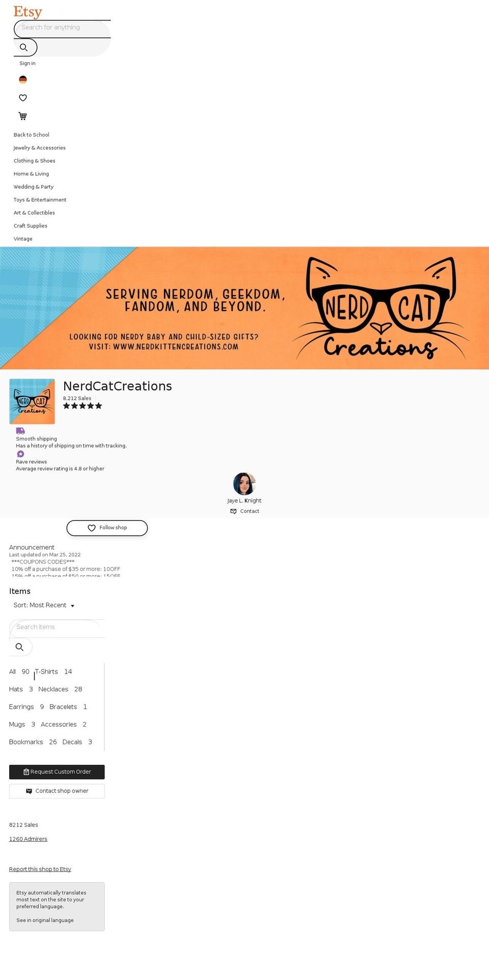 nerdcatcreations.com shopify website screenshot
