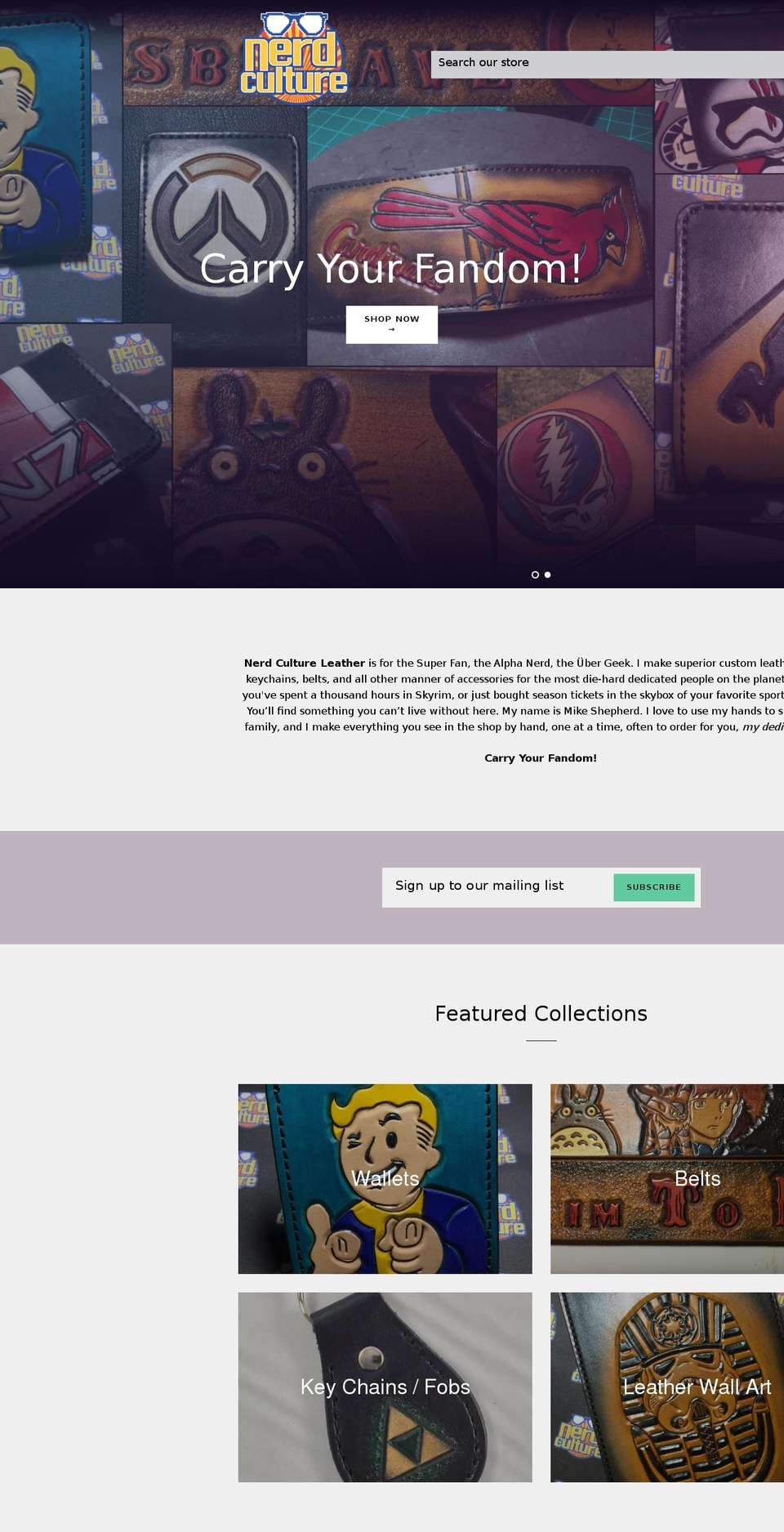 nerdcultureleather.com shopify website screenshot