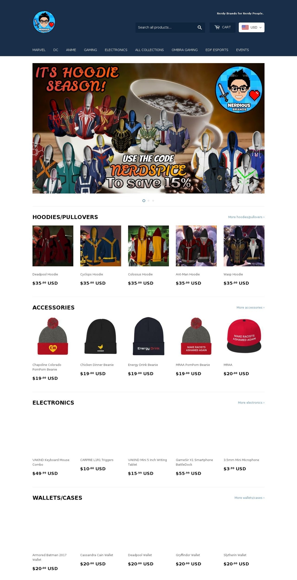 nerdiousbrands.com — Shopify storefront screenshot