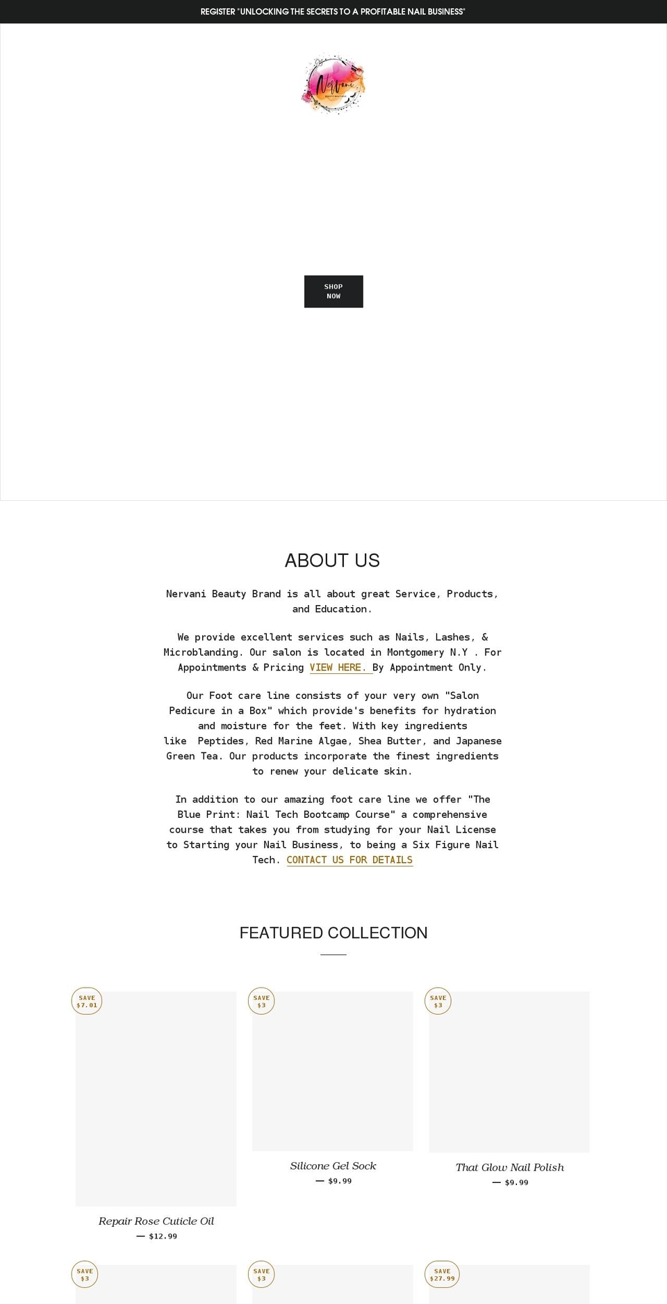 nervanibeautyboutique.com shopify website screenshot