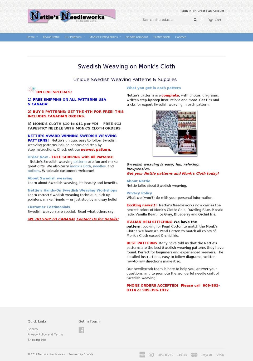 nettiesneedleworks.com shopify website screenshot