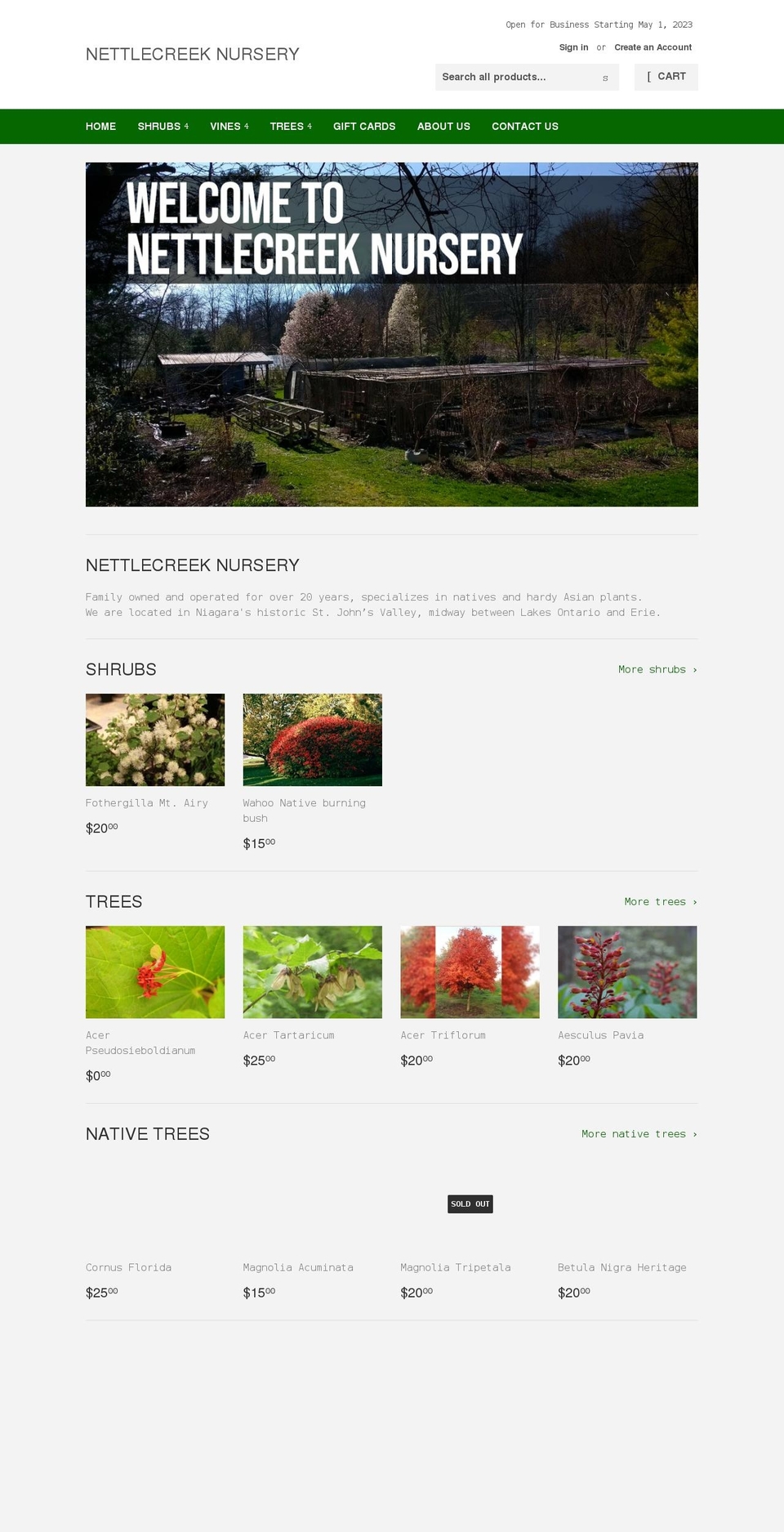 nettlecreeknursery.com shopify website screenshot