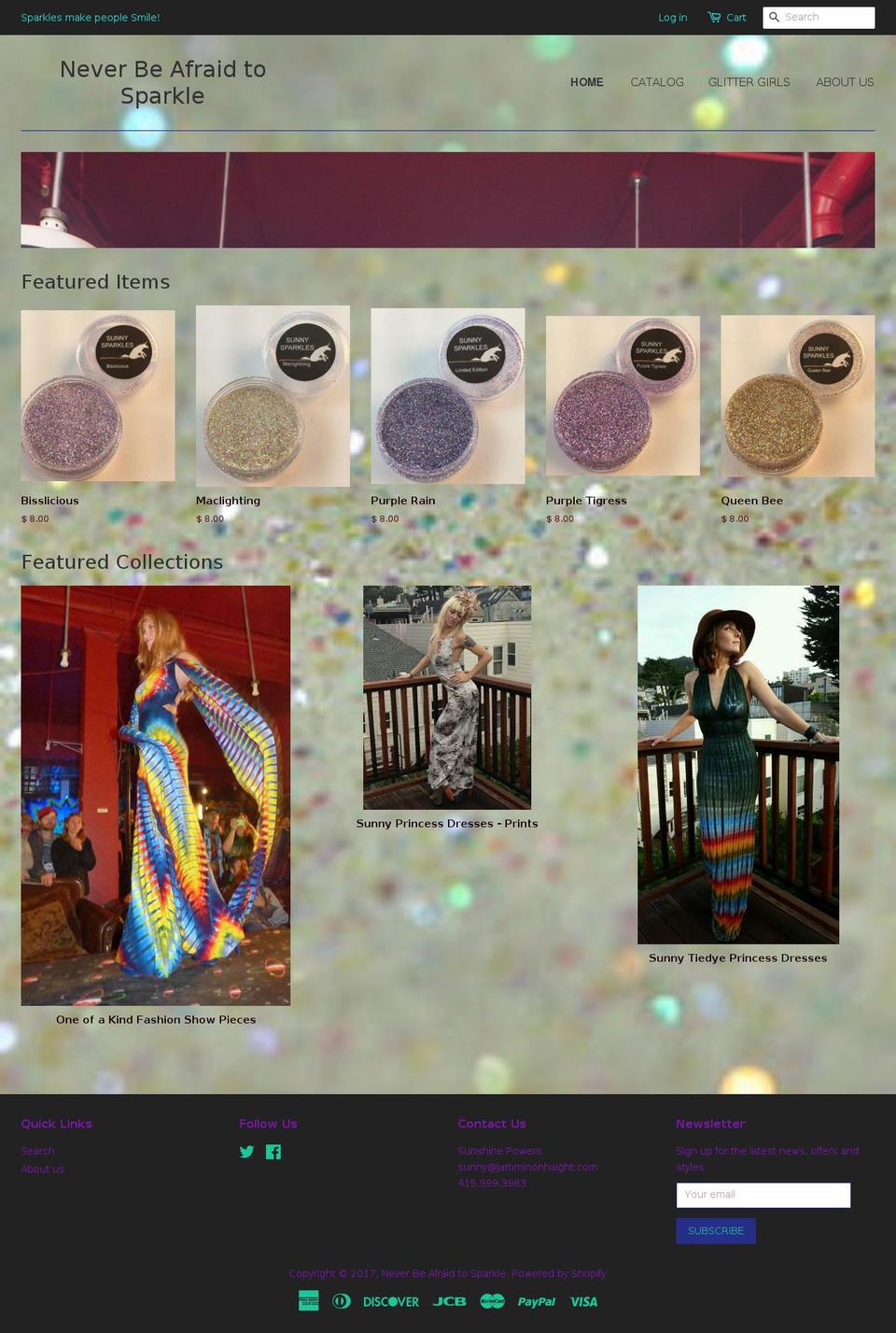neverbeafraidtosparkle.com shopify website screenshot