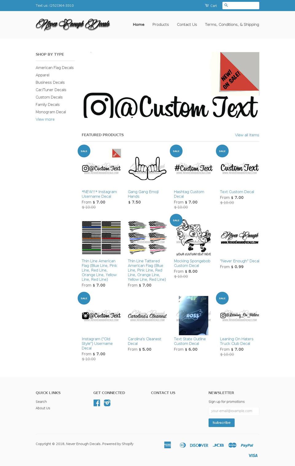 neverenoughdecals.com shopify website screenshot