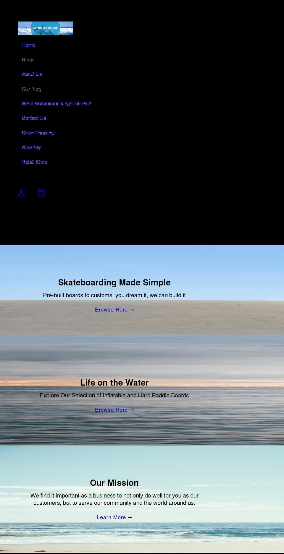 nevereverboards.com shopify website screenshot