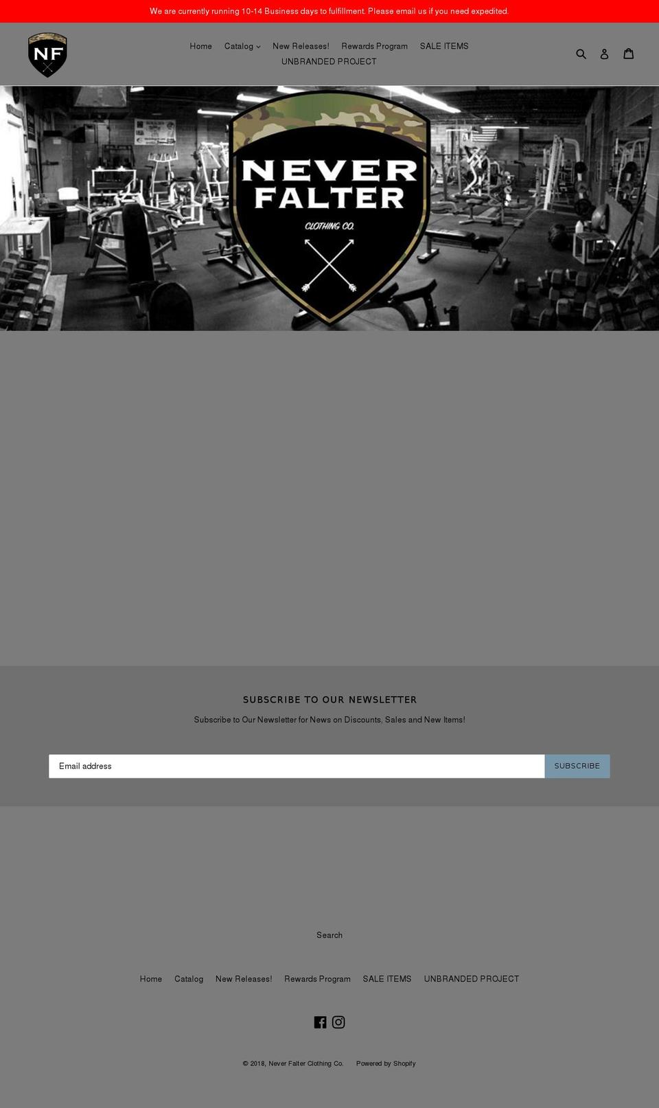 neverfalterclothing.com — Shopify storefront screenshot