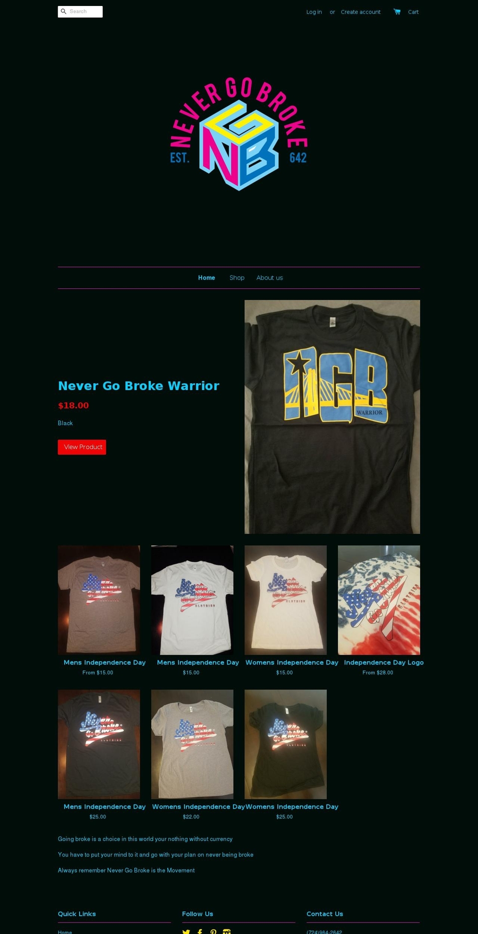 nevergobrokeclothing.com shopify website screenshot