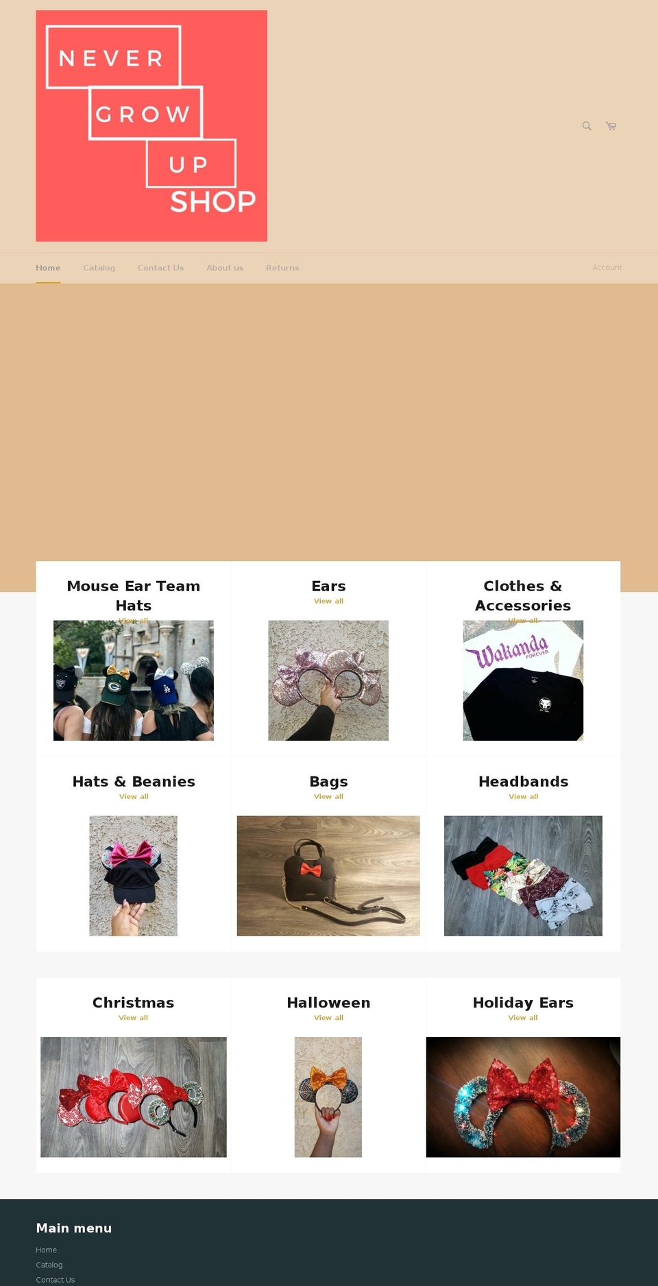 nevergrowupshop.com — Shopify storefront screenshot