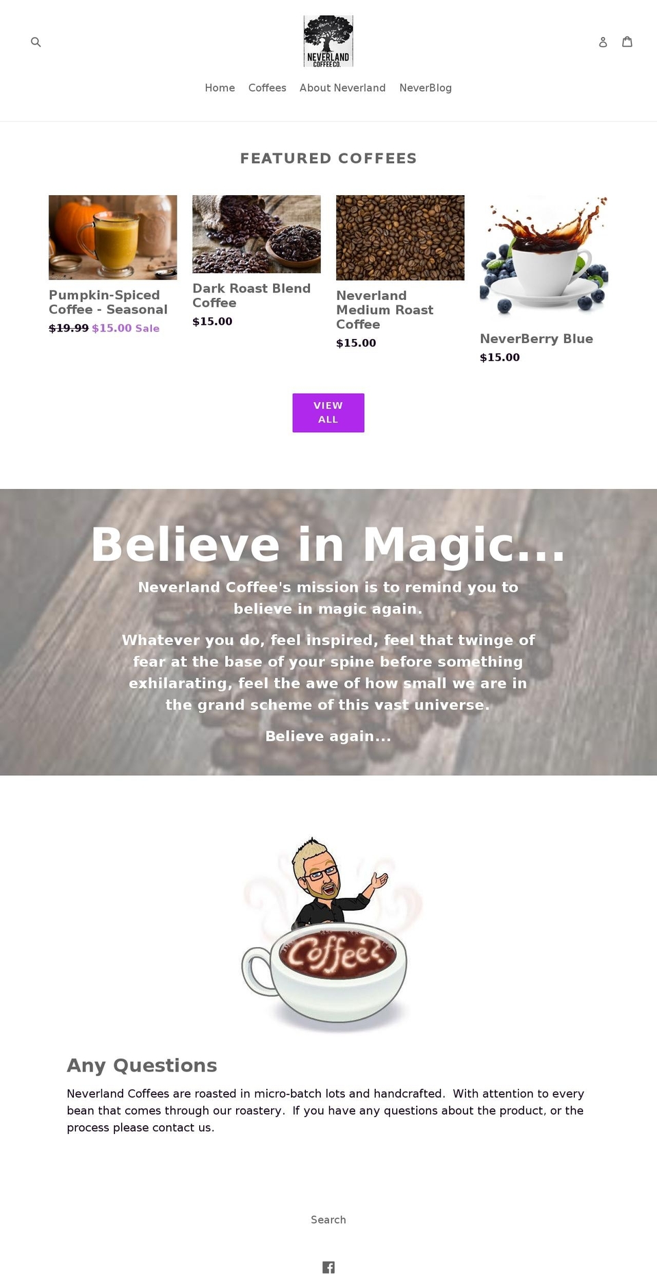 neverlandcoffee.com — Shopify storefront screenshot