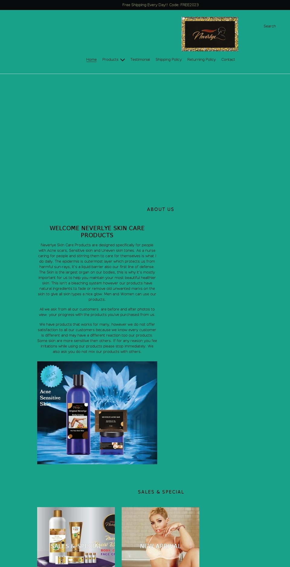 neverlyebodycream.com shopify website screenshot