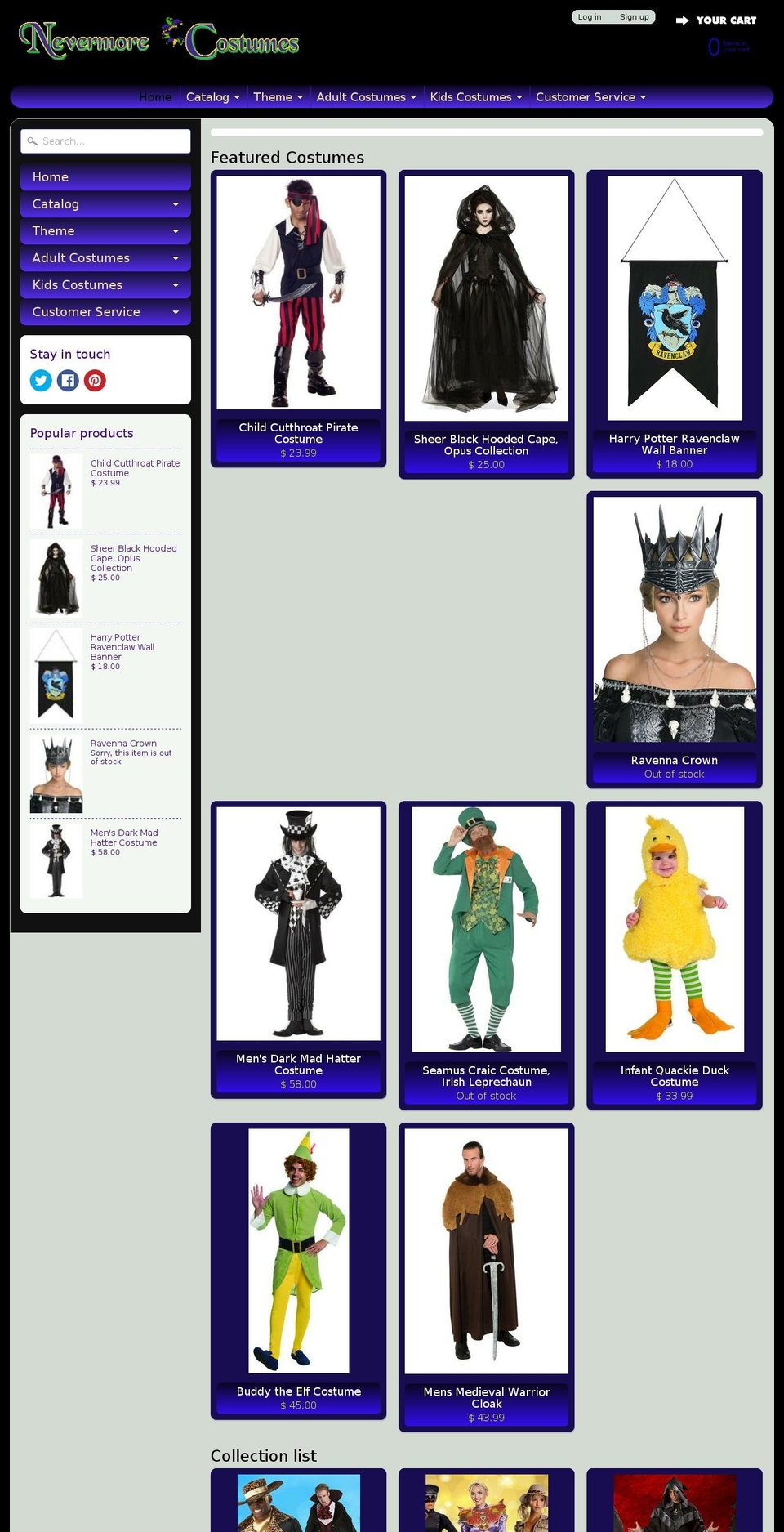 nevermorecostumes.com — Shopify storefront screenshot
