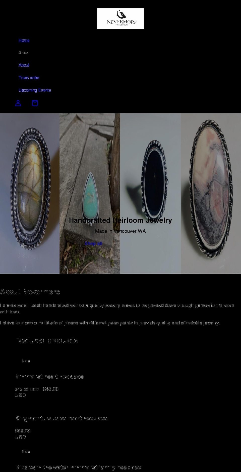 nevermorefinejewelry.com shopify website screenshot